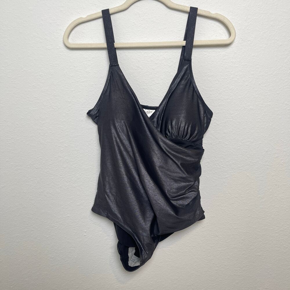 Serra One Piece Swimsuit L Black Metallic Ruched Tummy Control Adjustable Straps